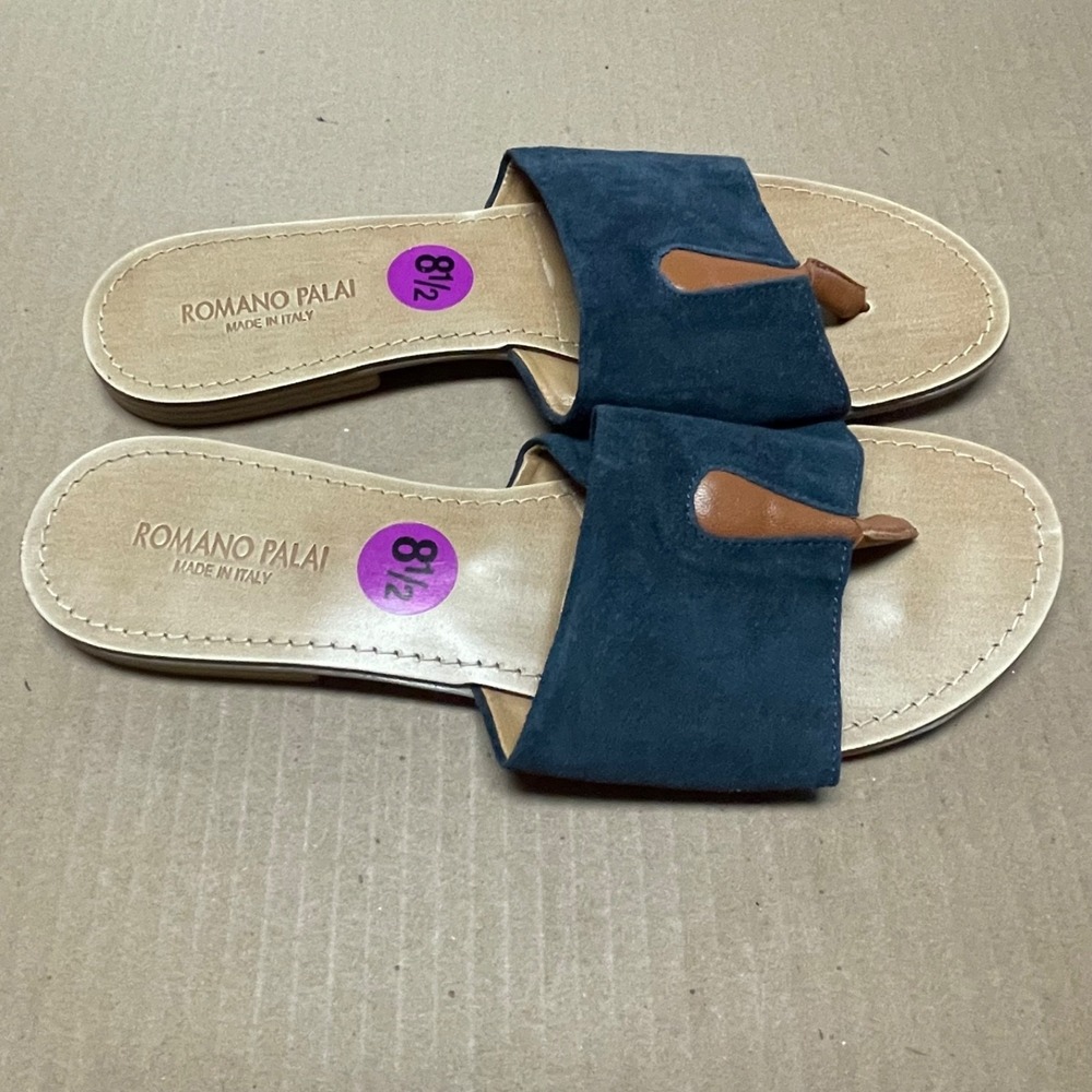 Romano Palai Italy Womens Sz 8.5M Navy Suede Leather Asymmetric Toe Post Sandals
